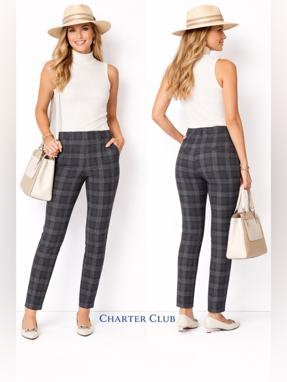 Charter Club Cambridge Slim Plaid yoga Dress Pants Size 6 Gray Stretch Work
